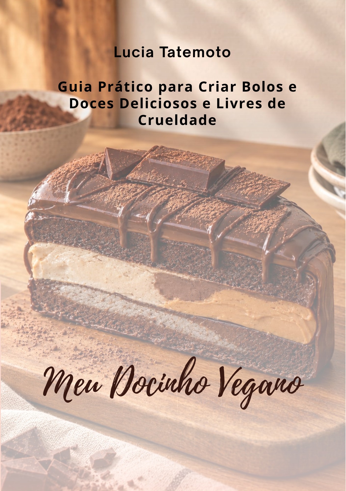 Capa do e-book Meu Docinho Vegano, de Lucia Tatemoto, com bolo de chocolate
